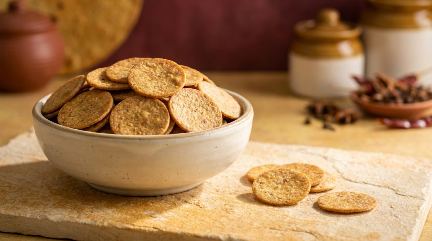 Saras Che coin khakhra in a bowl, whole wheat khakhra to buy online